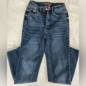 Judy Blue size 1/25 skinny fit jeans, 24” inseam, frayed.